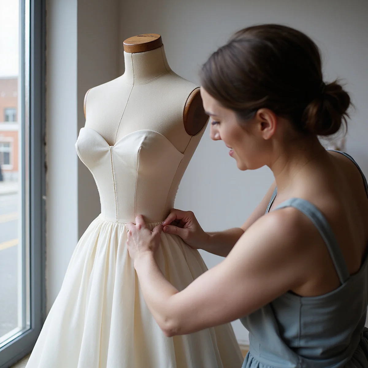 Wedding dress on dress form during bridal bustle alteration fitting