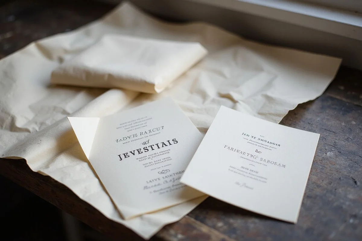 Wedding invitation beside swatch card and paper pattern