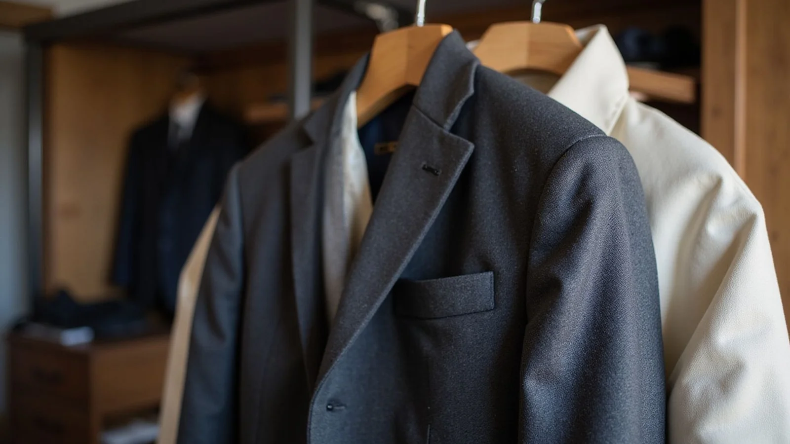 Wide wooden suit hanger with a charcoal bespoke jacket, garment bag partially drawn back