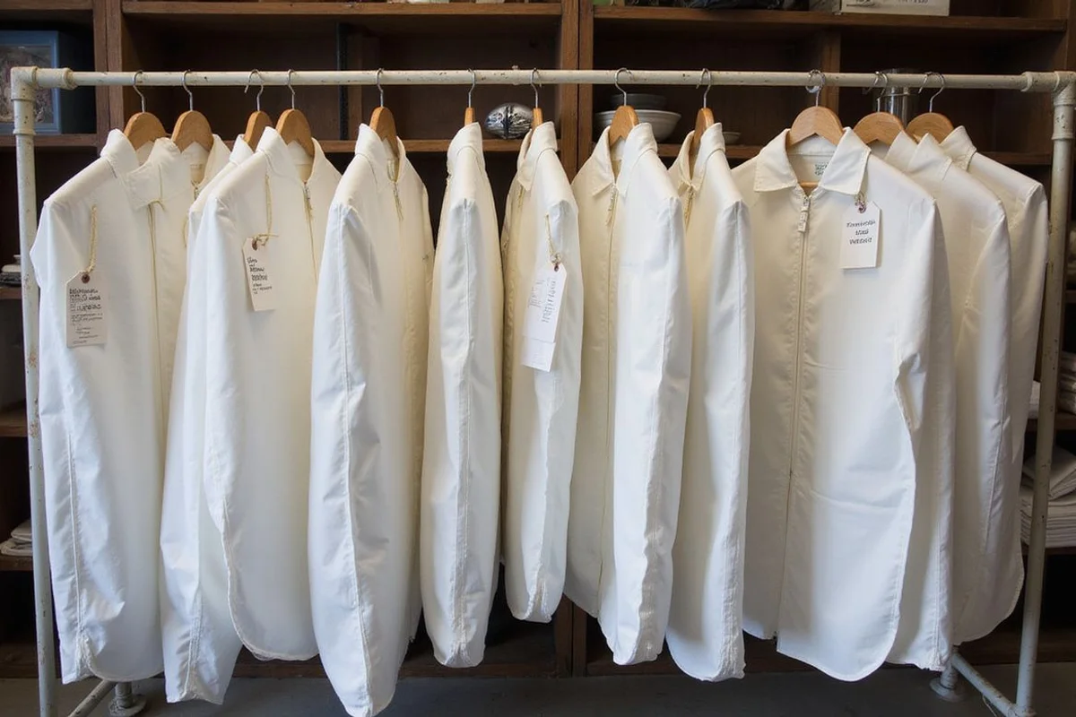 Workshop back area with labelled garment rail