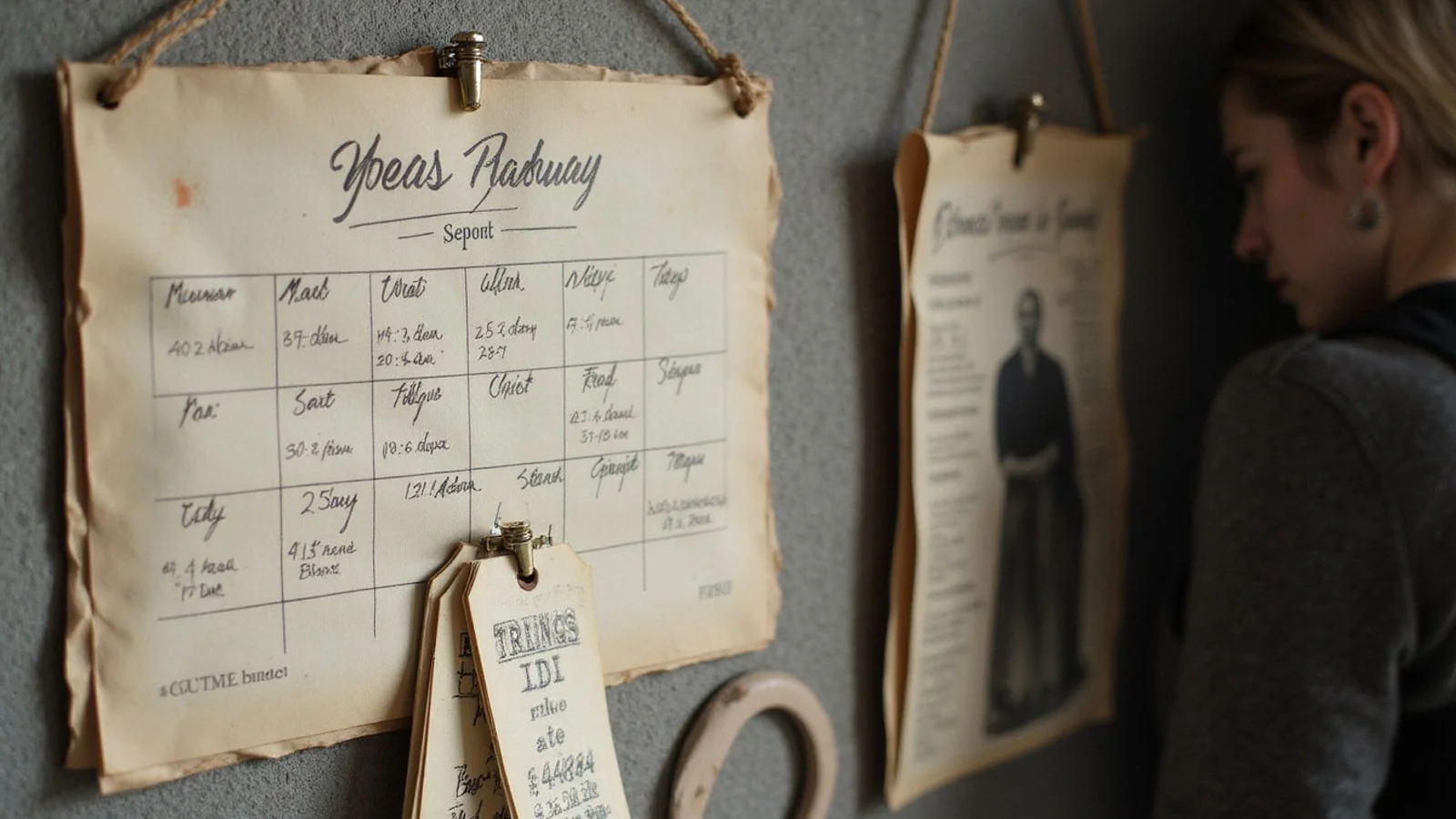 Workshop calendar with pinned event tickets and garment tags